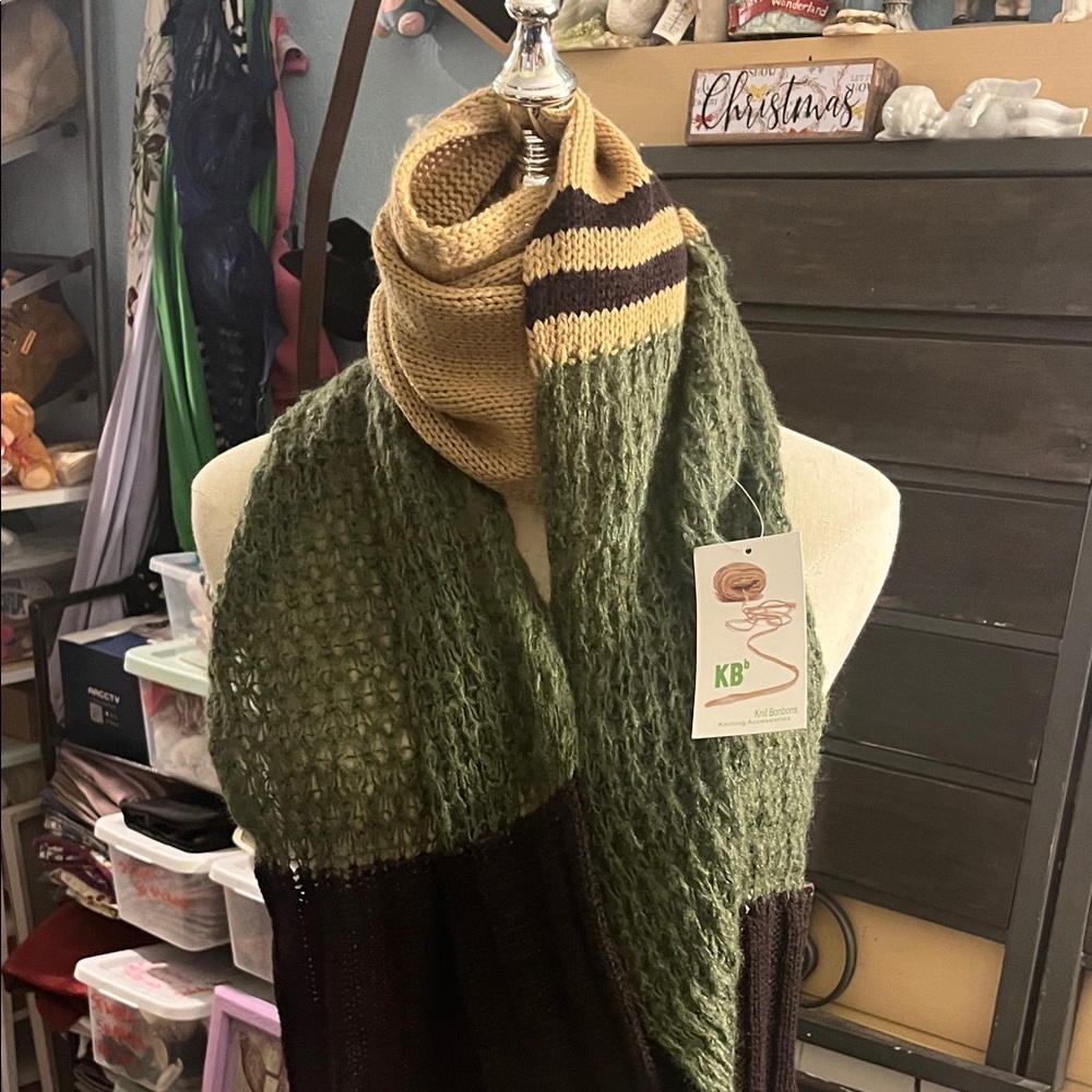 KB Knit Colorblock Scarf in Olive, Tan & Dark Brown